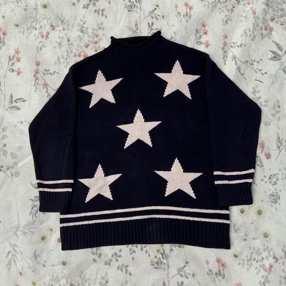 Vintage 90s Whimsigoth Star Sweater Cotton Ramie Mock Neck Striped Oversized
